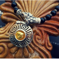 Silver and onyx | Necklace with meander elements, a macedonian coin and Athena's head (18-carat gold) by Maramenos Jewellers